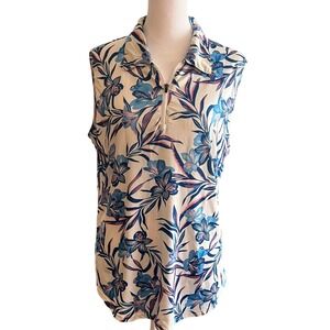 NWOT Soneven Floral Print Sleeveless Zip Polo Shirt Women's Size L Casual